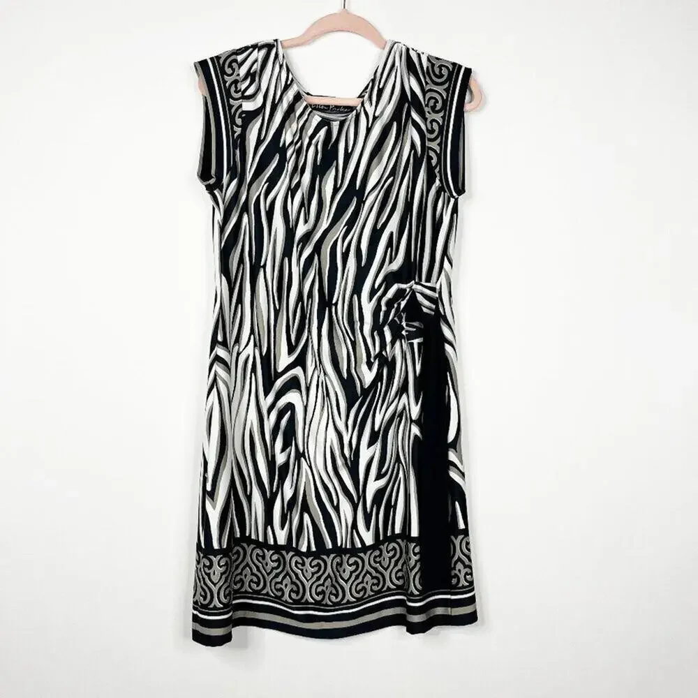 2/$30 Ellen Parker Zebra Print Dress Sleeveless Ruched Side Large #8864 - Picture 3 of 8